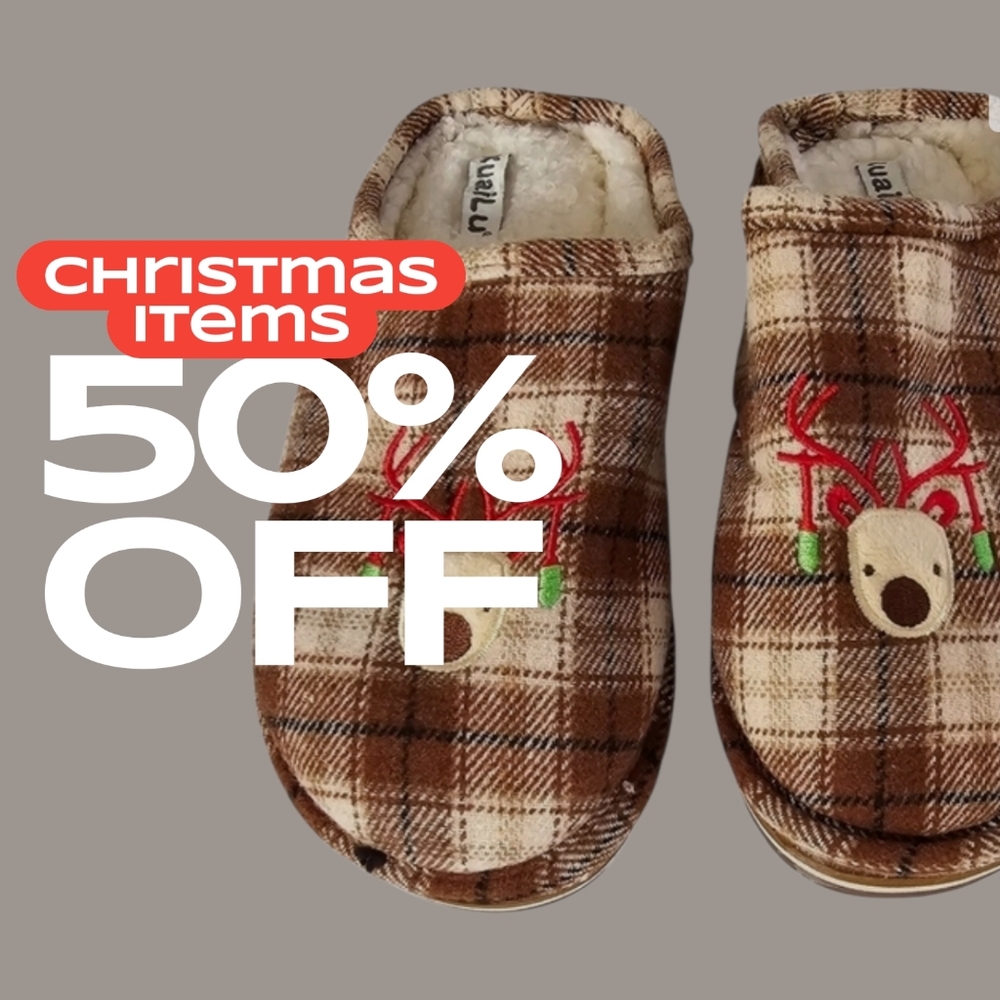 Brown Cream Plaid Christmas Reindeer Slippers Faux Shearling Lining men's 9.5